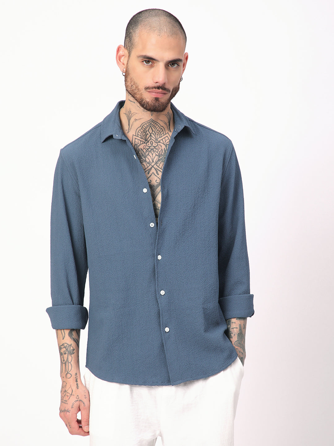 Elegant Prussian Blue Creased Shirt