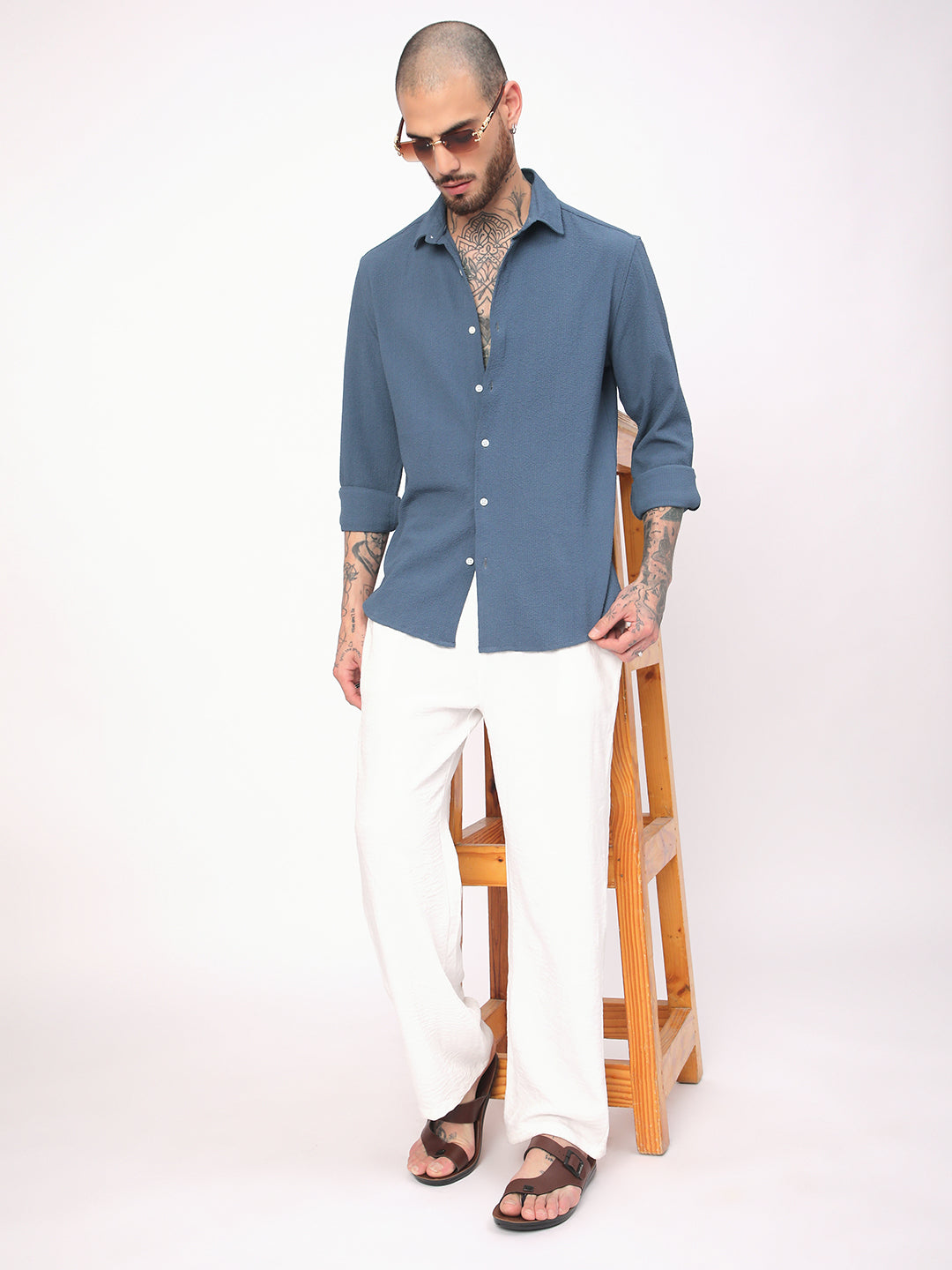 Elegant Prussian Blue Creased Shirt