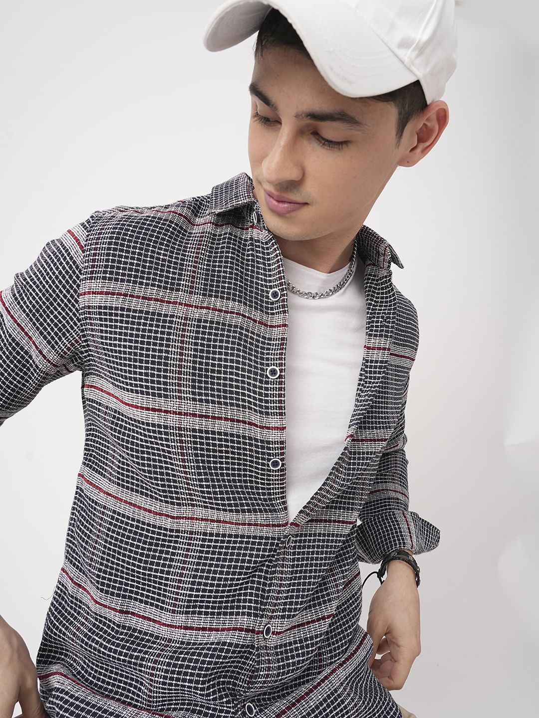 Panache Textured Mini Checks Navy Shirt