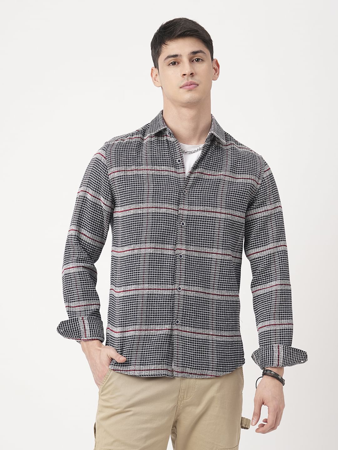 Panache Textured Mini Checks Navy Shirt