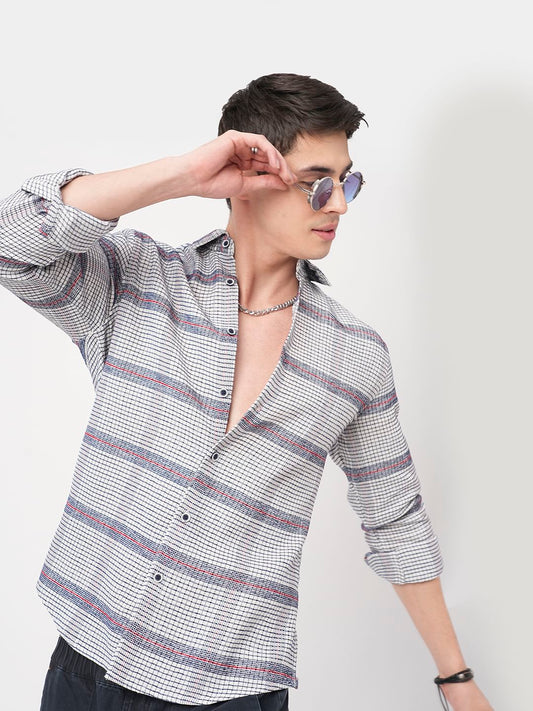 Panache White & Navy Textured Mini Checks Shirt