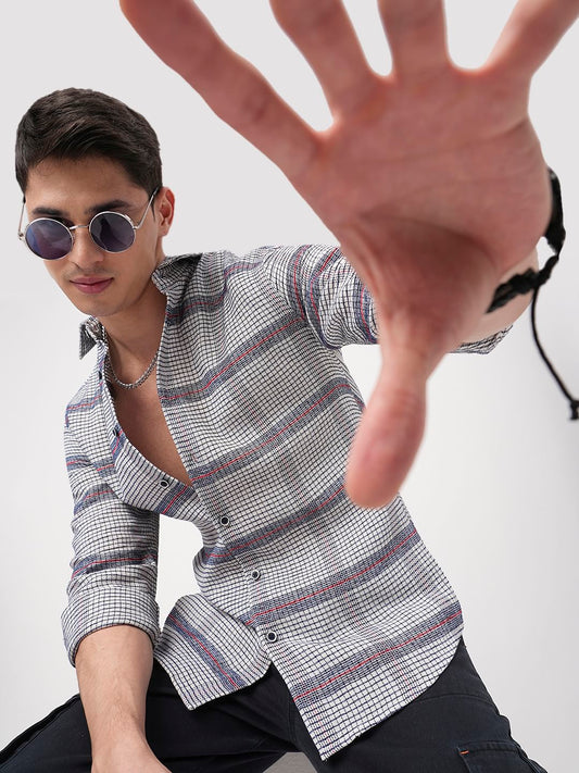 Panache White & Navy Textured Mini Checks Shirt