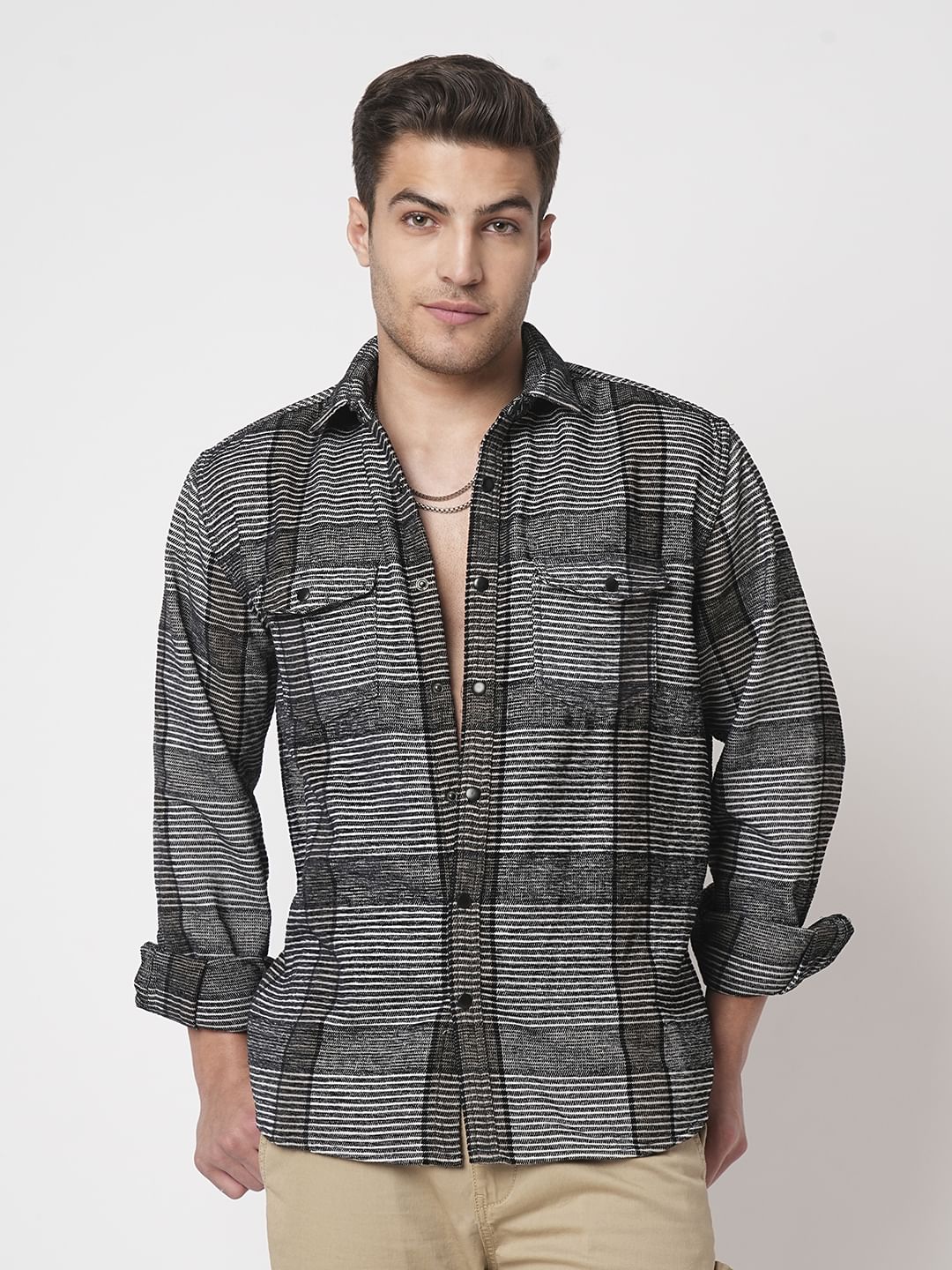 Monochrome Horizontal Stripes Double Flap Pocket Shirt