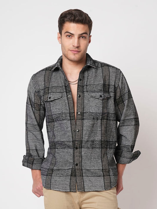 Monochrome Horizontal Stripes Double Flap Pocket Shirt
