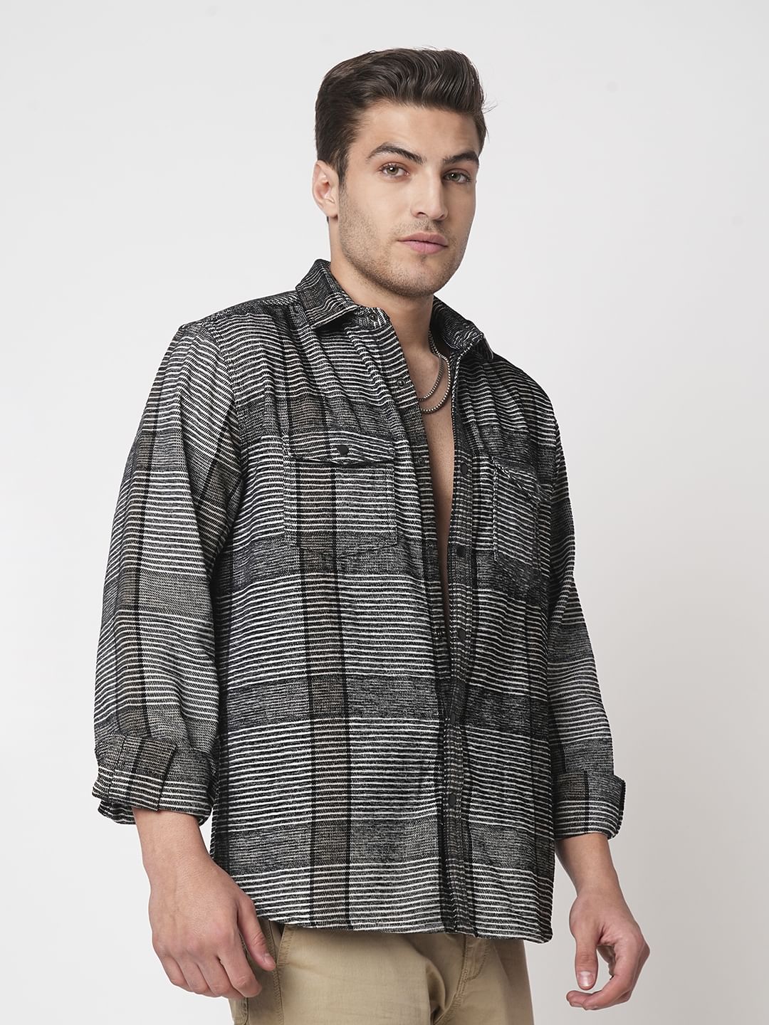 Monochrome Horizontal Stripes Double Flap Pocket Shirt