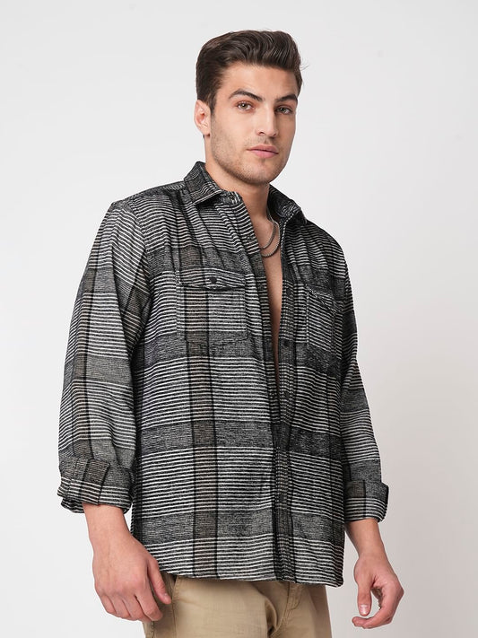 Monochrome Horizontal Stripes Double Flap Pocket Shirt