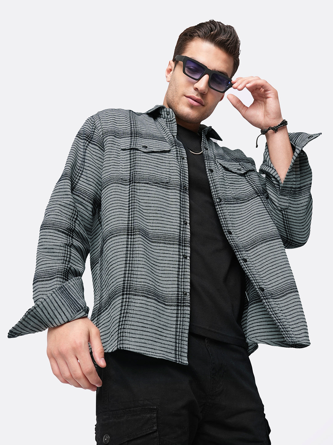 Fossil Grey Checked Double Flap Pocket Textured Overshirt