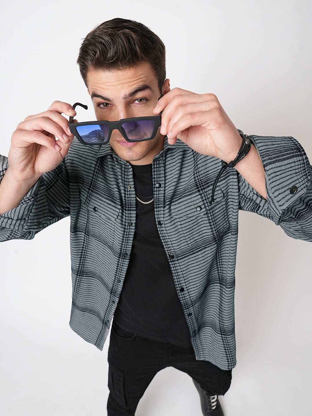 Fossil Grey Checked Double Flap Pocket Textured Overshirt