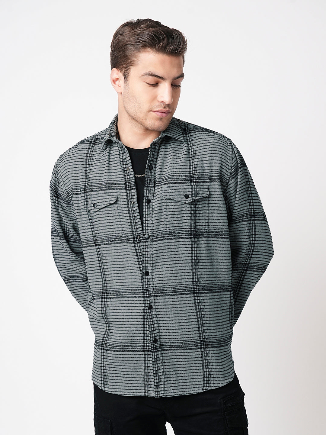 Fossil Grey Checked Double Flap Pocket Textured Overshirt