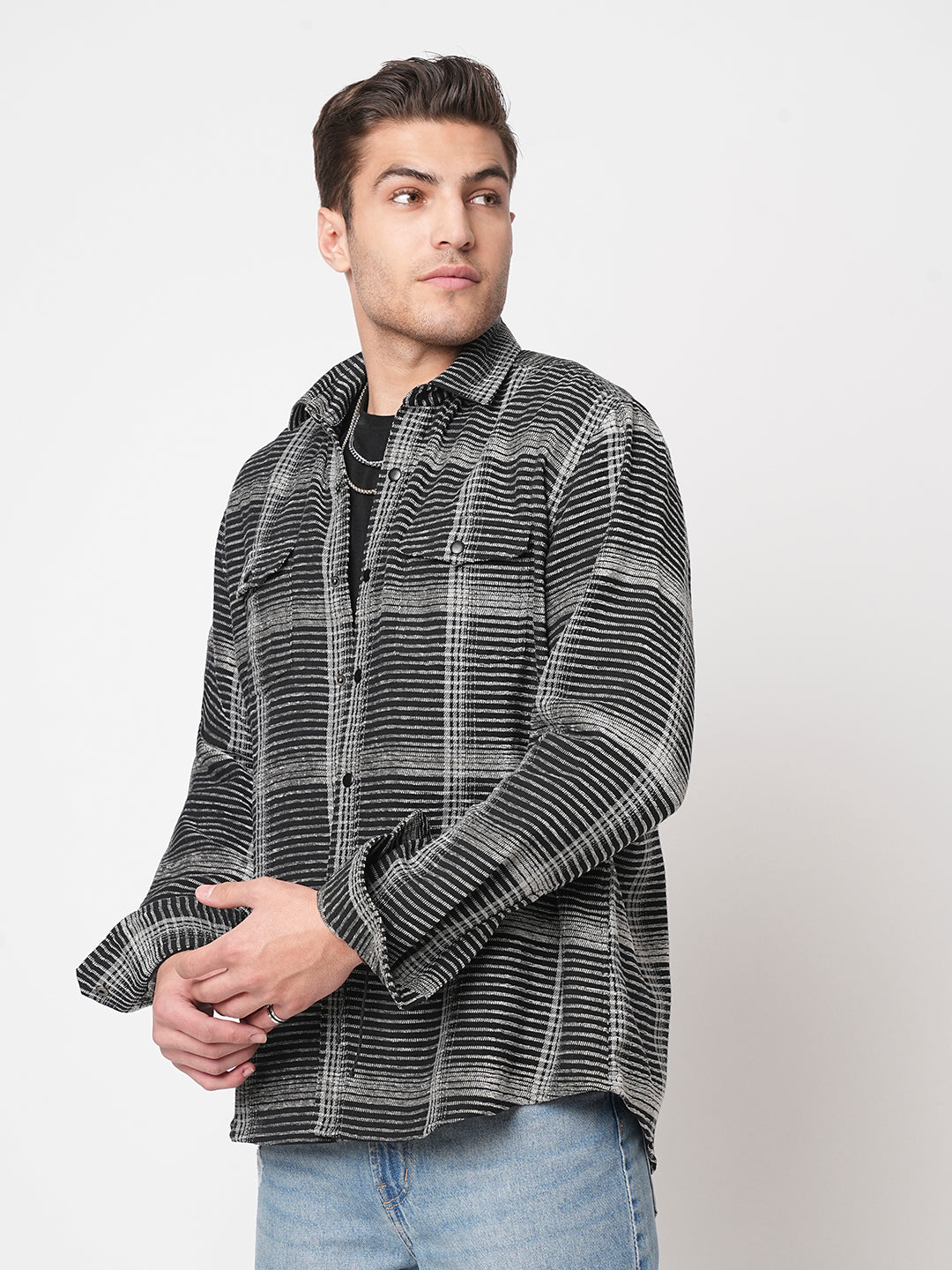Black & White Checked Double Flap Pocket Textured Overshirt