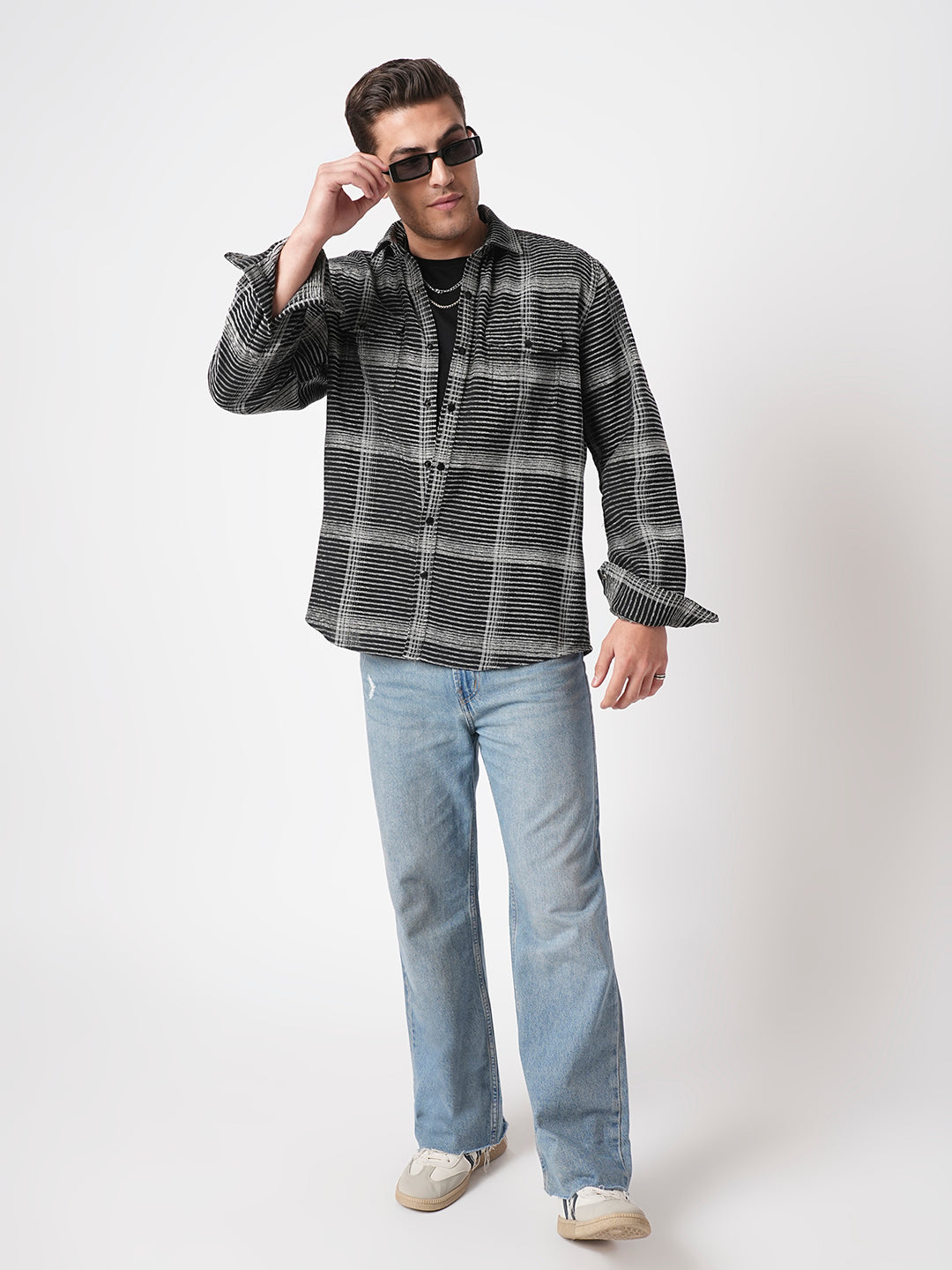 Black & White Checked Double Flap Pocket Textured Overshirt