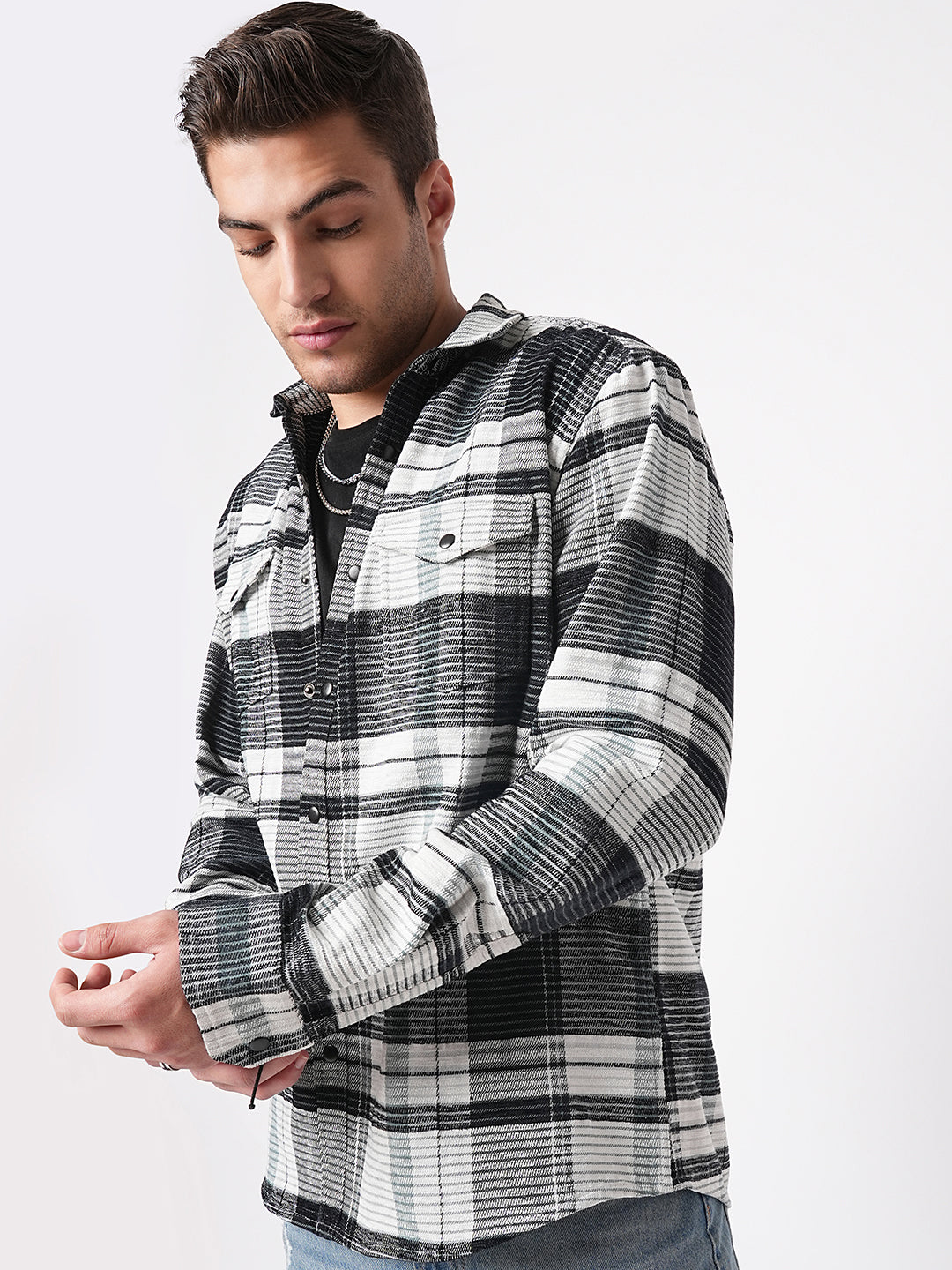Black & Green Checkered Double Flap Pocket Textured Overshirt