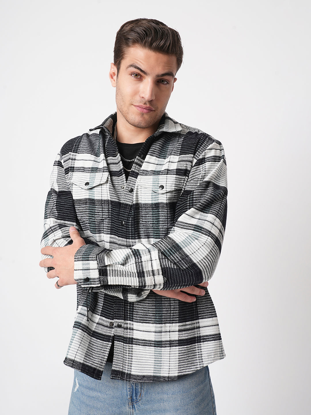 Black & Green Checkered Double Flap Pocket Textured Overshirt
