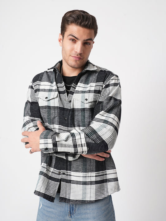 Black & Green Checkered Double Flap Pocket Textured Overshirt