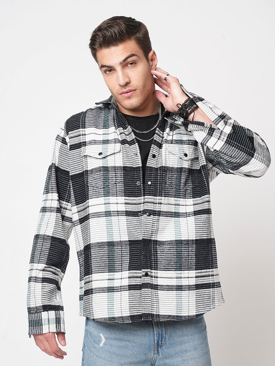 Black & Green Checkered Double Flap Pocket Textured Overshirt