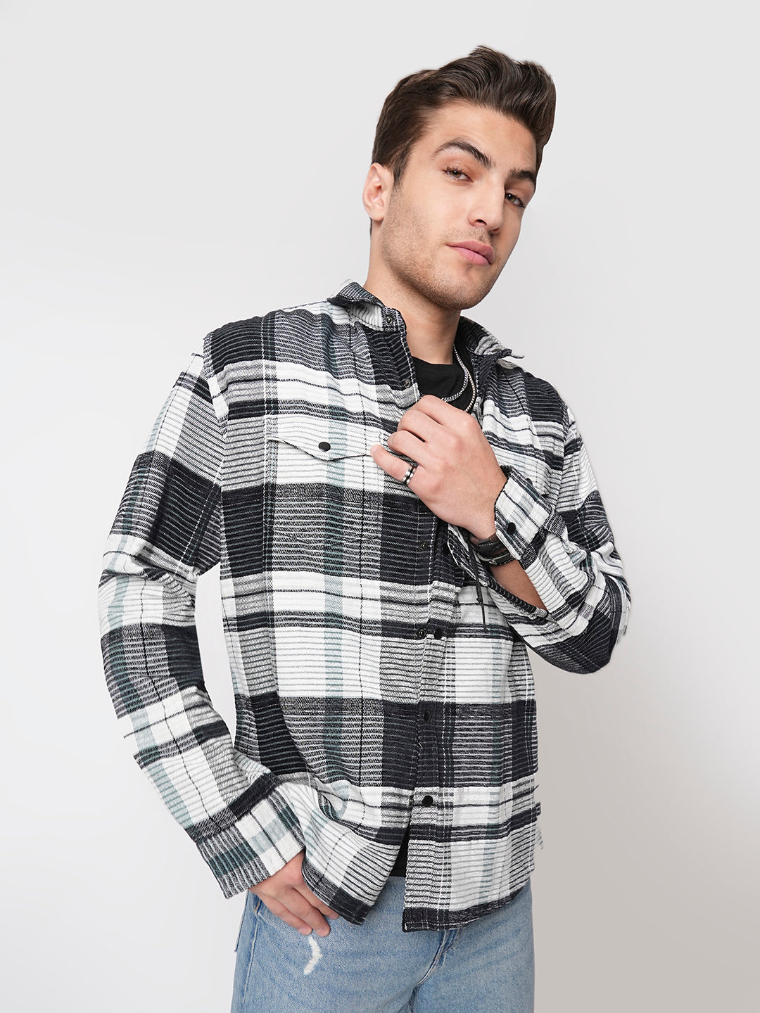 Black & Green Checkered Double Flap Pocket Textured Overshirt