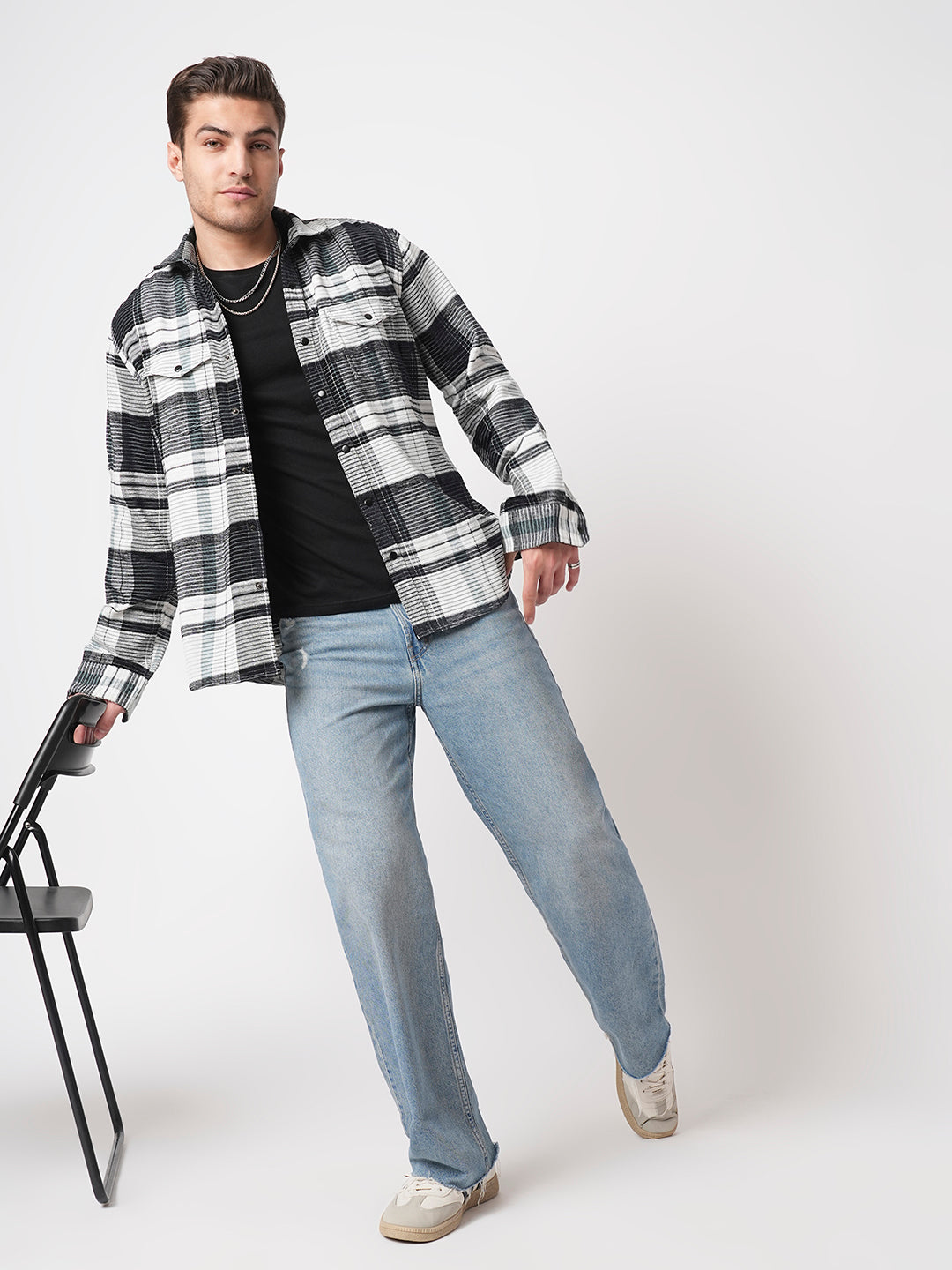 Black & Green Checkered Double Flap Pocket Textured Overshirt