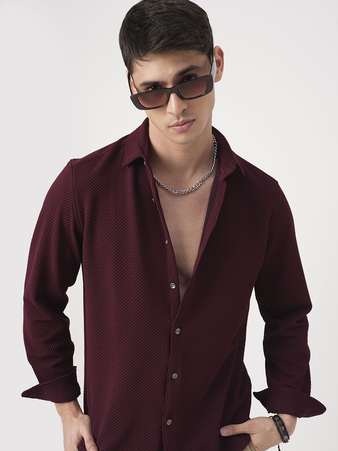 Burnt Maroon Embossed Textured Shirt