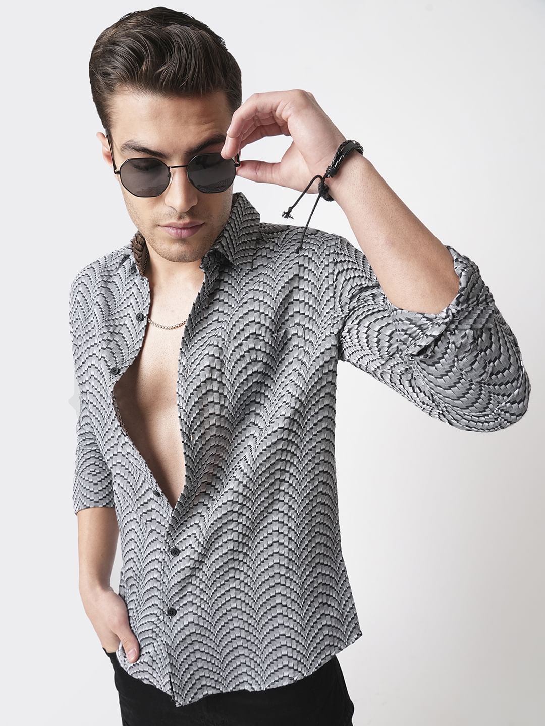 Grey & Black Jacquard Weaved Shirt