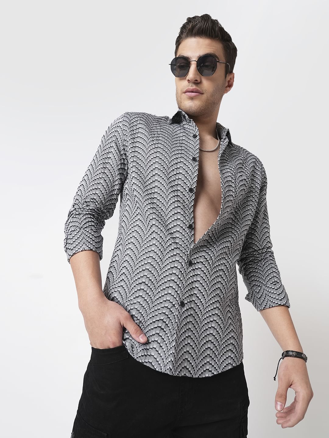 Grey & Black Jacquard Weaved Shirt
