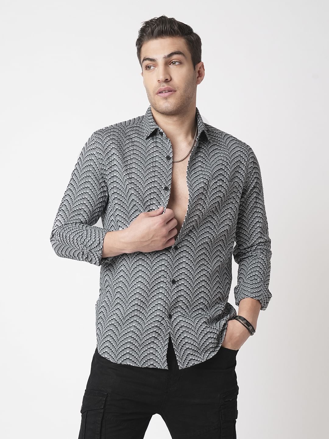 Grey & Black Jacquard Weaved Shirt