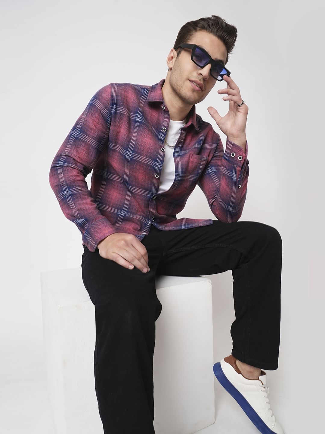 Sugar Pink & Navy Tartan Checks Shirt