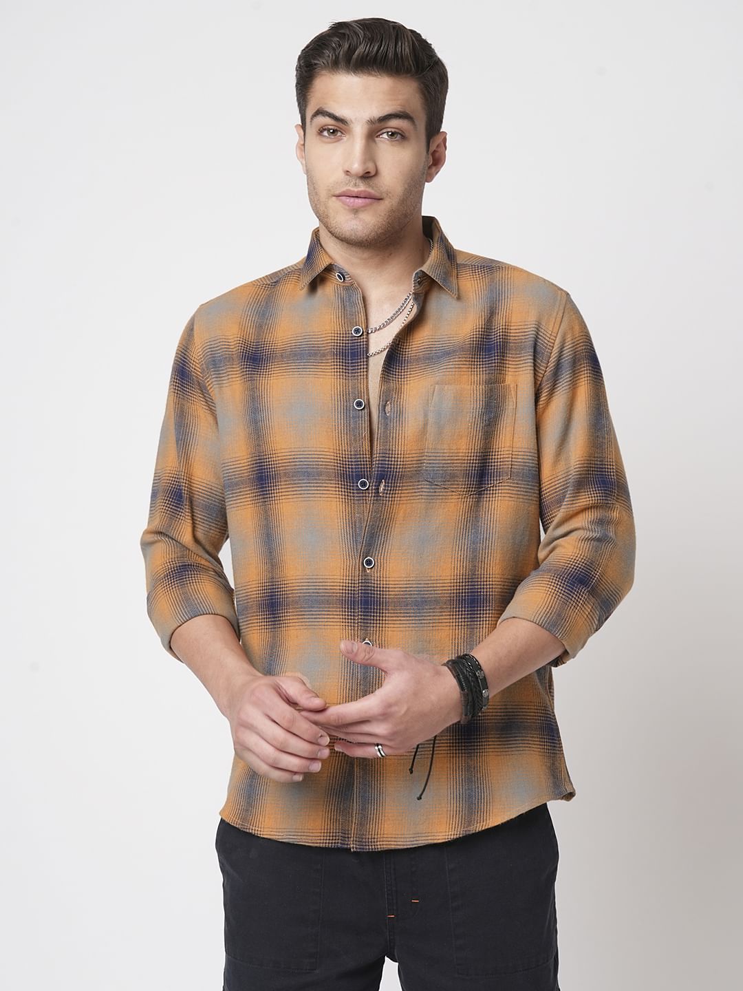 Tangerine & Navy Flannel Checkered Shirt