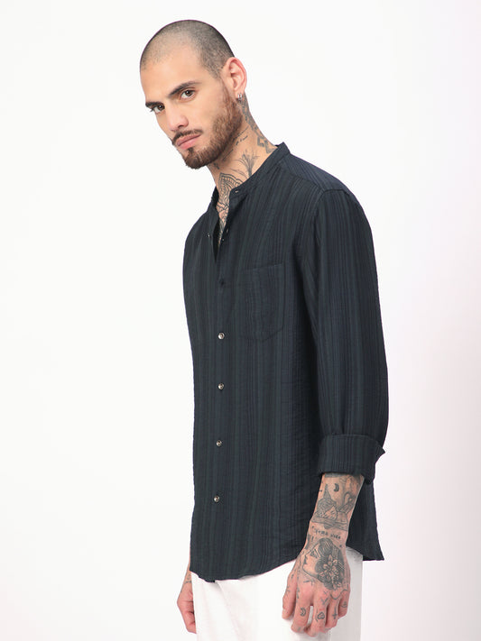 Navy Pencil Stripes Mandarin Shirt