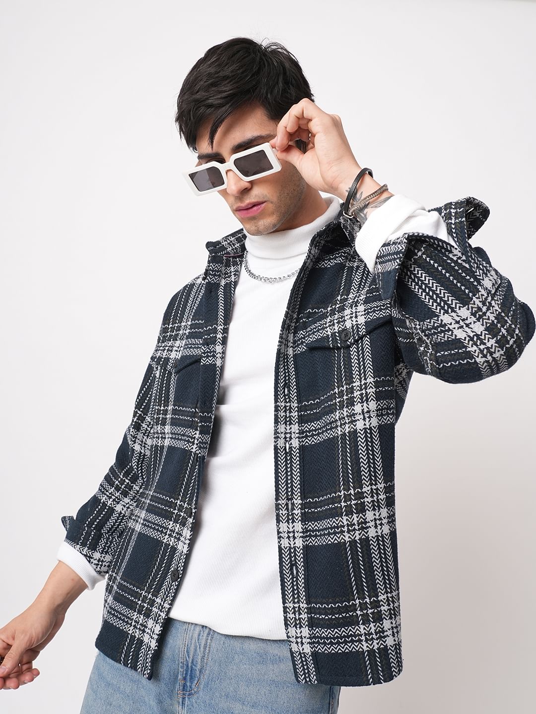 Navy Tweed Checks Double Flap Pocket Flannel Shirt
