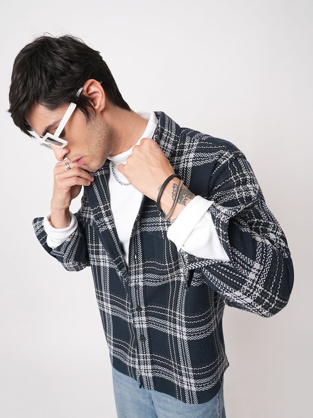 Navy Tweed Checks Double Flap Pocket Flannel Shirt