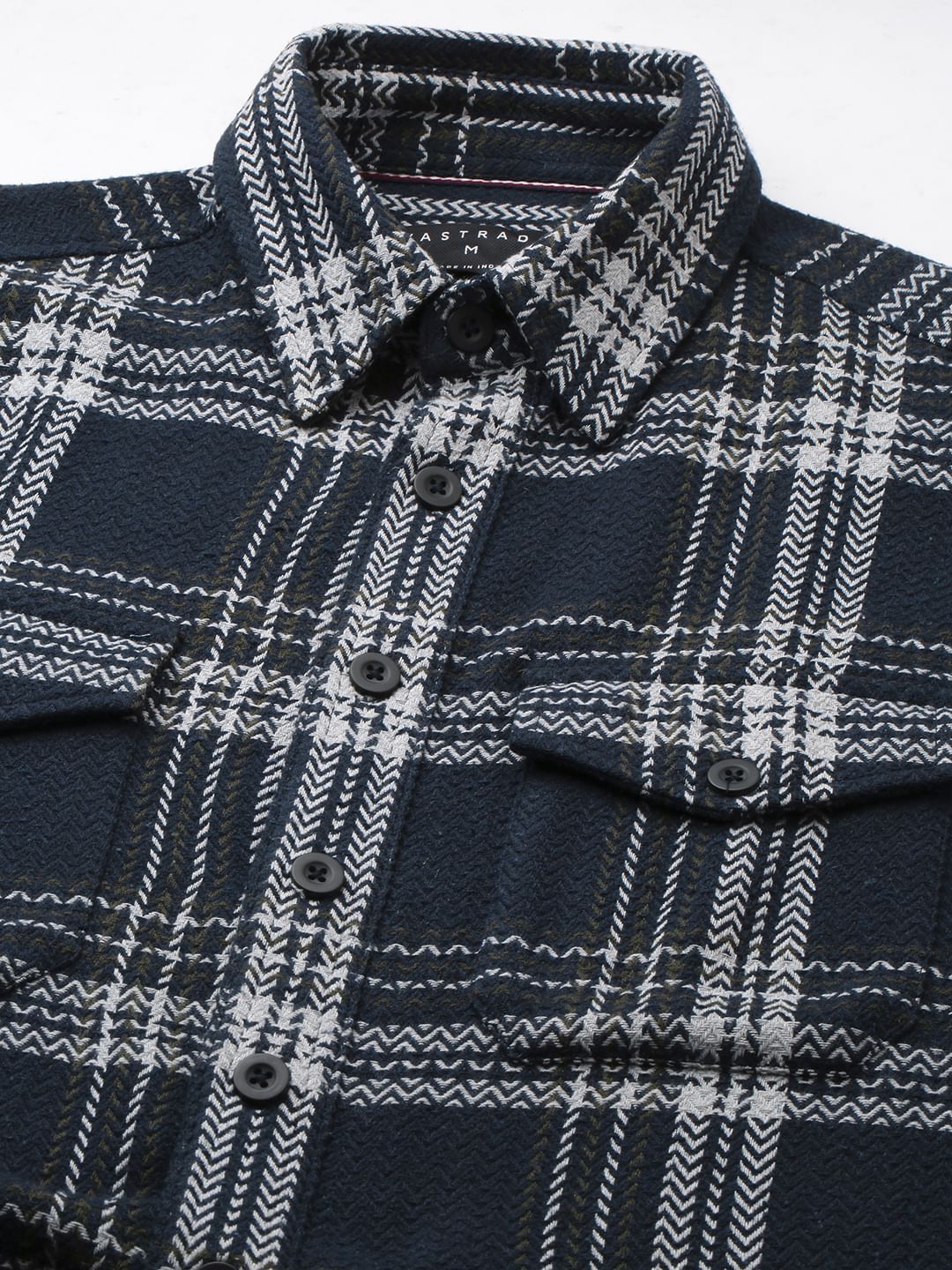 Navy Tweed Checks Double Flap Pocket Flannel Shirt