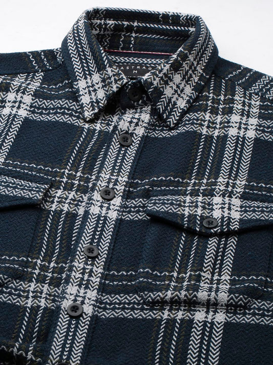 Navy Tweed Checks Double Flap Pocket Flannel Shirt