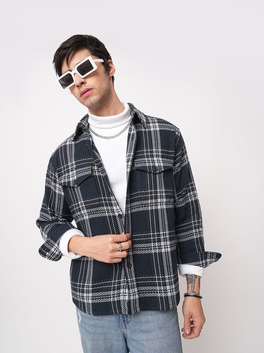 Navy Tweed Checks Double Flap Pocket Flannel Shirt