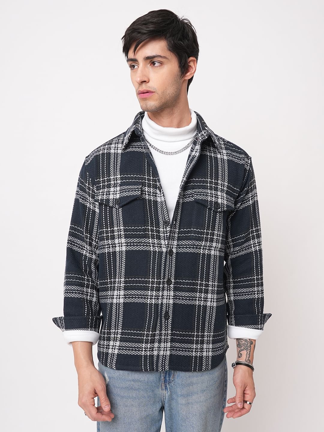 Navy Tweed Checks Double Flap Pocket Flannel Shirt