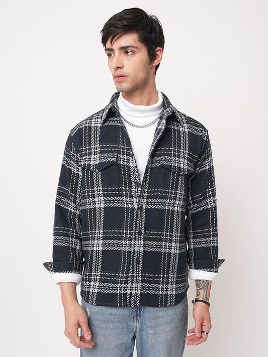 Navy Tweed Checks Double Flap Pocket Flannel Shirt