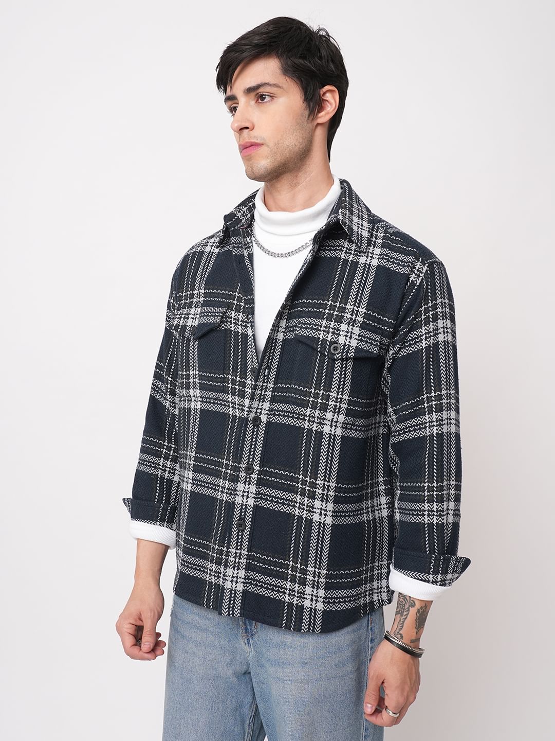 Navy Tweed Checks Double Flap Pocket Flannel Shirt
