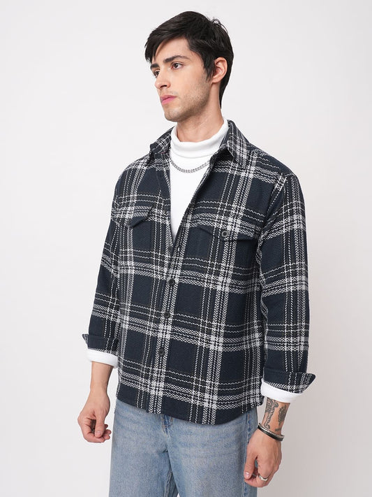 Navy Tweed Checks Double Flap Pocket Flannel Shirt