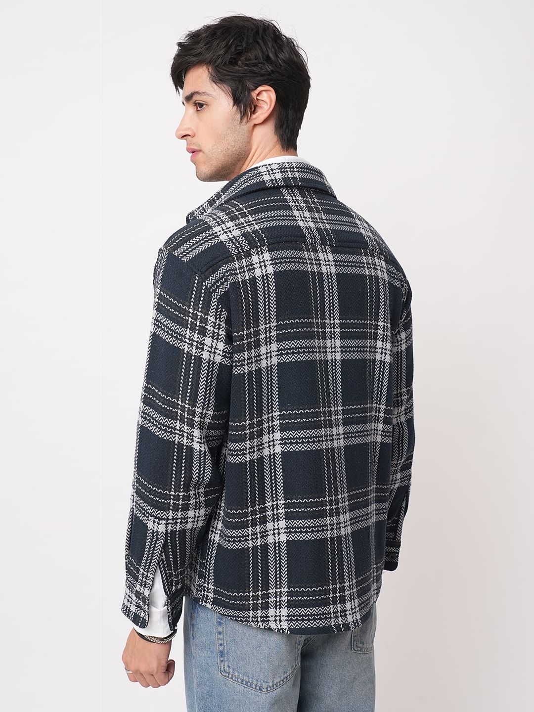 Navy Tweed Checks Double Flap Pocket Flannel Shirt