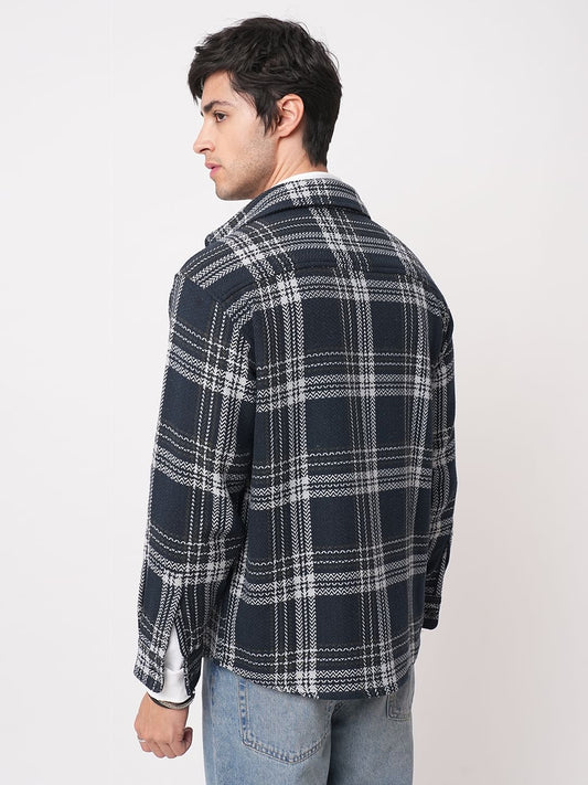 Navy Tweed Checks Double Flap Pocket Flannel Shirt