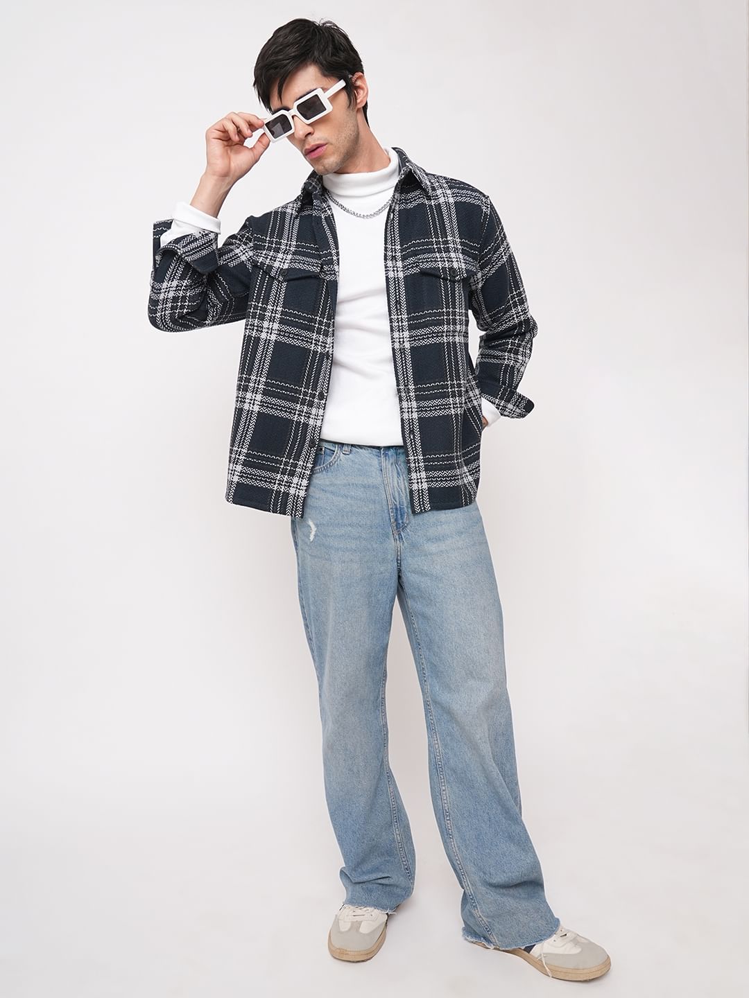 Navy Tweed Checks Double Flap Pocket Flannel Shirt