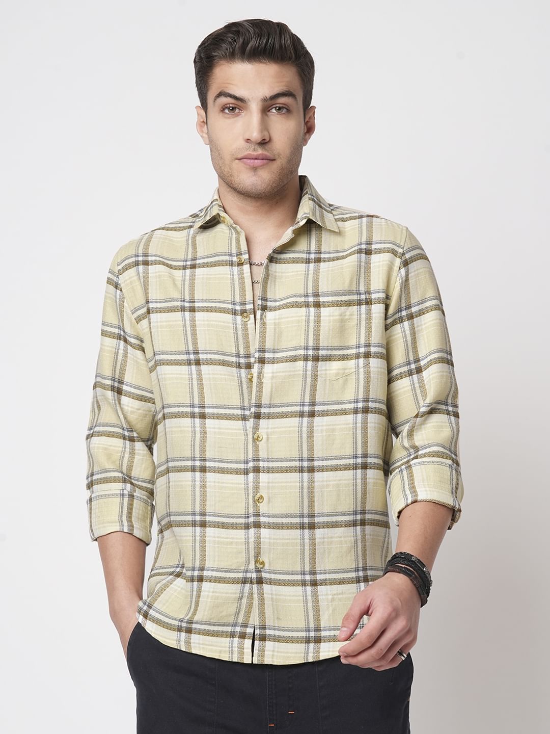 Finesse Beige Box Checks Shirt
