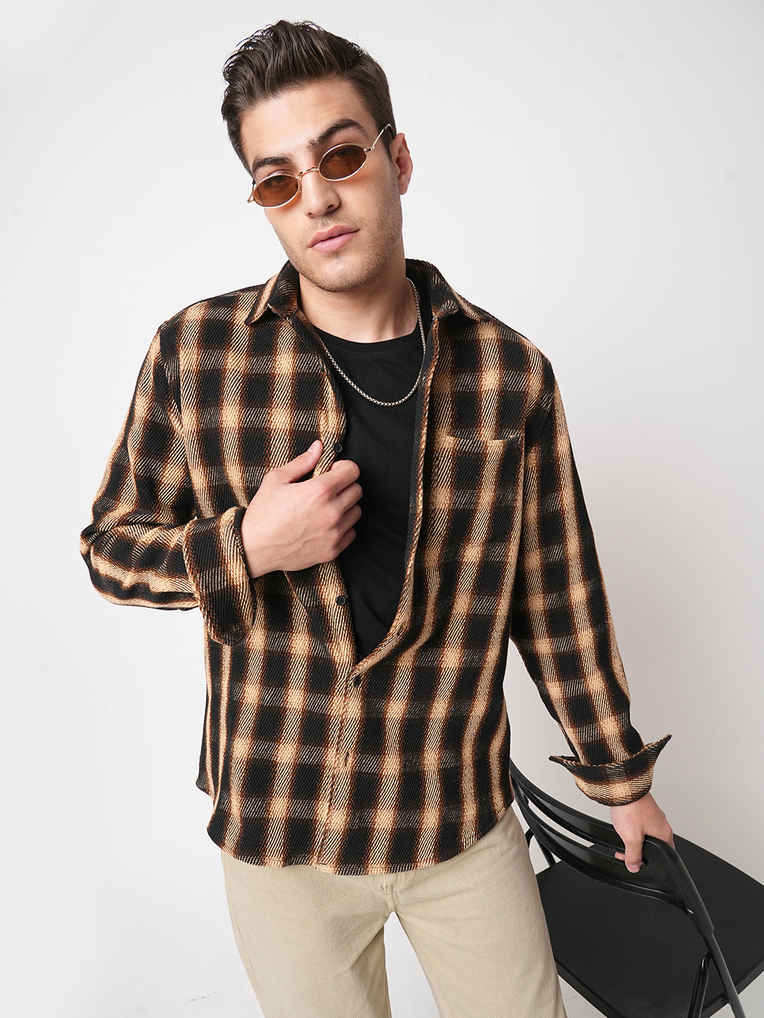 Vintage Russet Brown Plaid Checks Twill Shirt