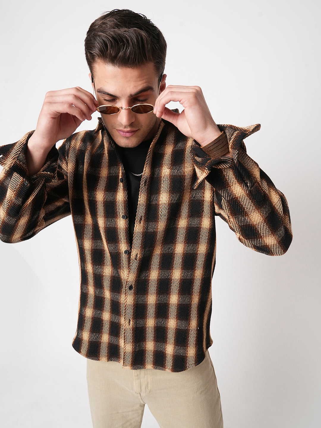 Vintage Russet Brown Plaid Checks Twill Shirt