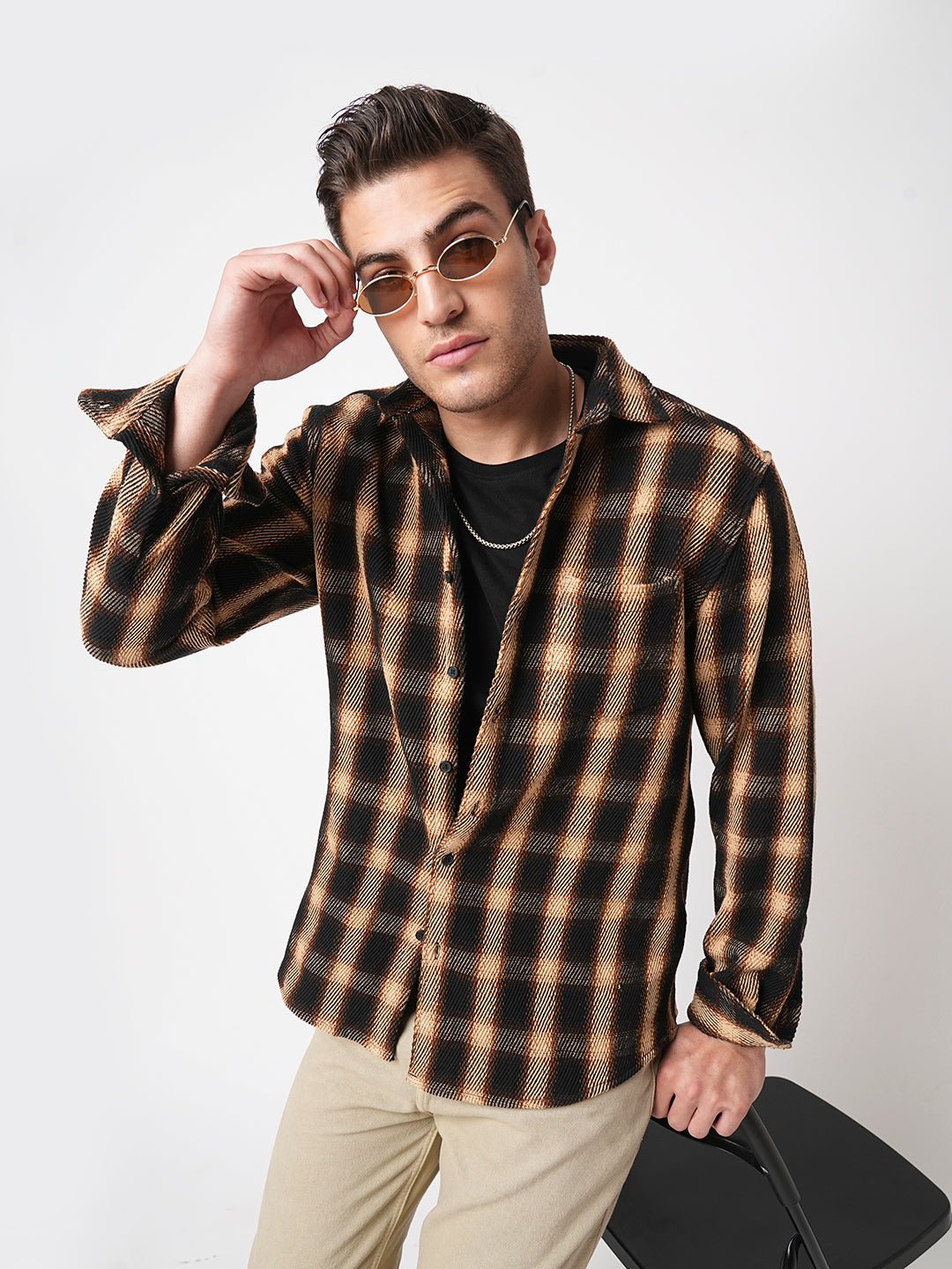 Vintage Russet Brown Plaid Checks Twill Shirt