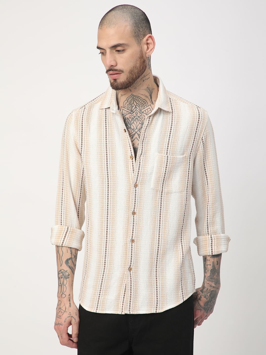 Beige Interweave Broad Striped Shirt