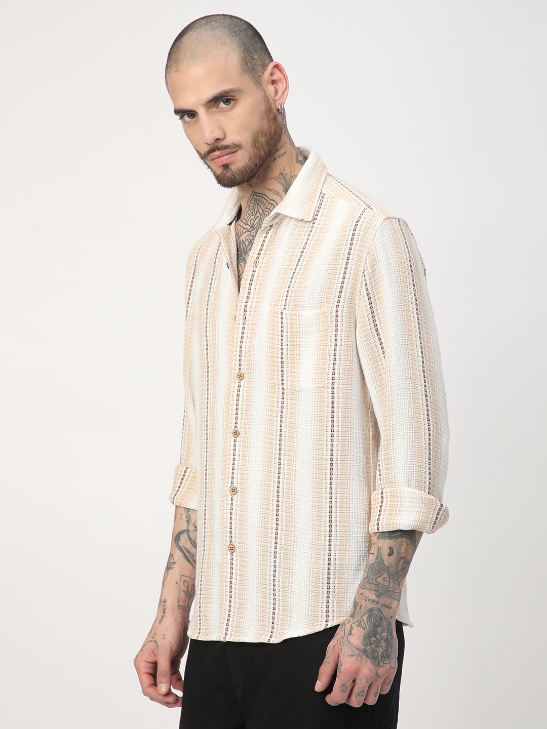 Beige Interweave Broad Striped Shirt