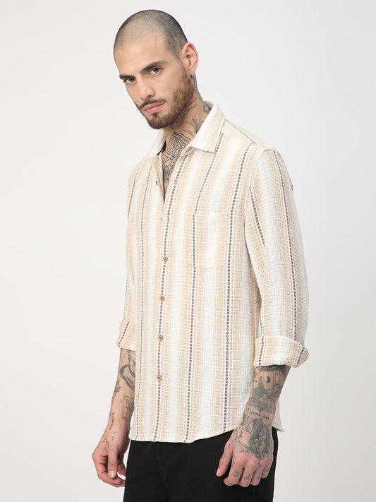 Beige Interweave Broad Striped Shirt