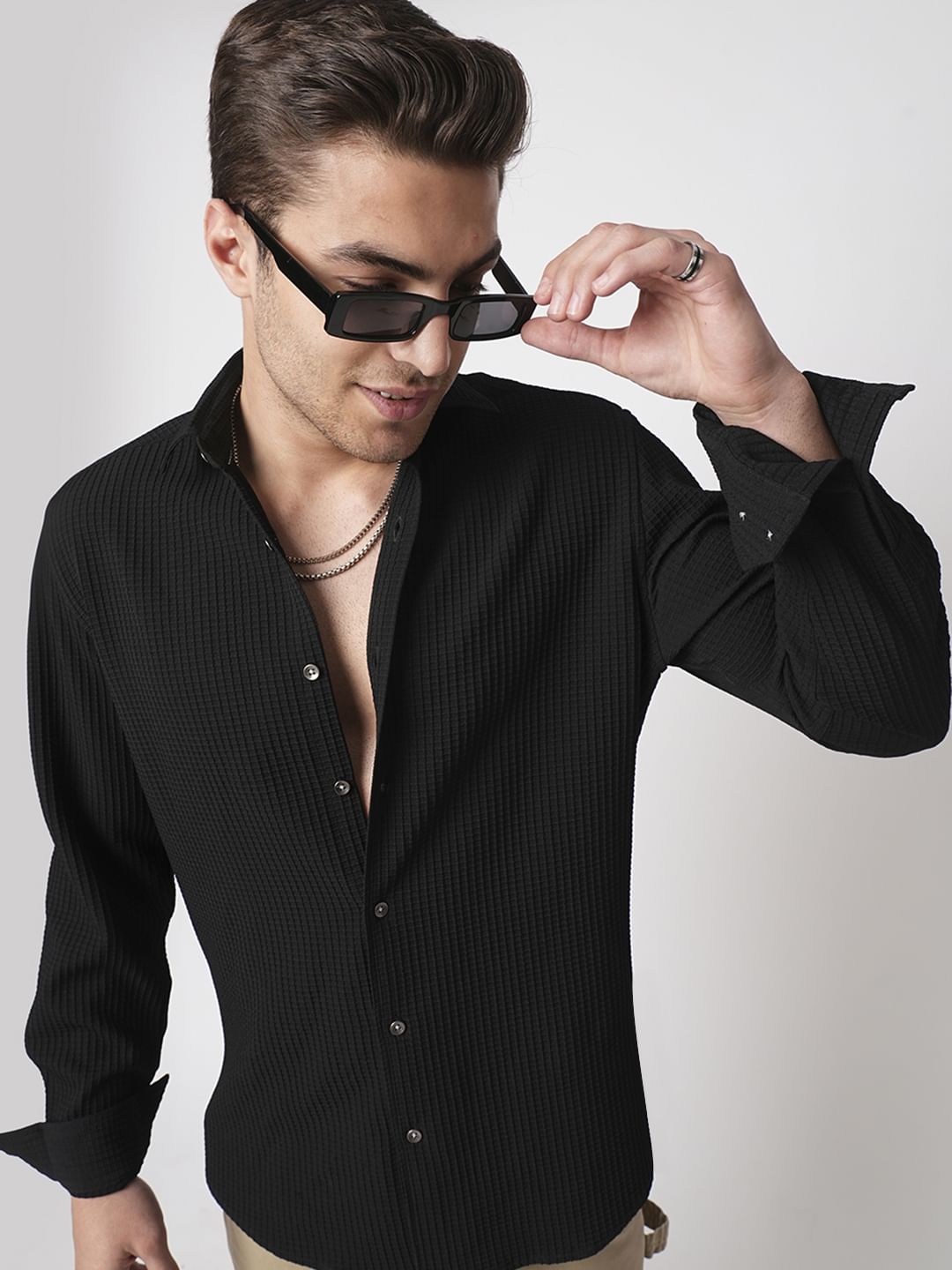 Black Mini Checks Textured Shirt