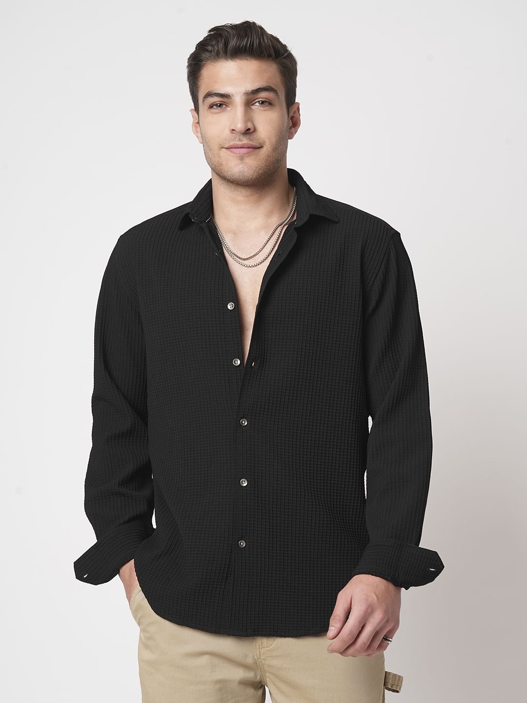 Black Mini Checks Textured Shirt