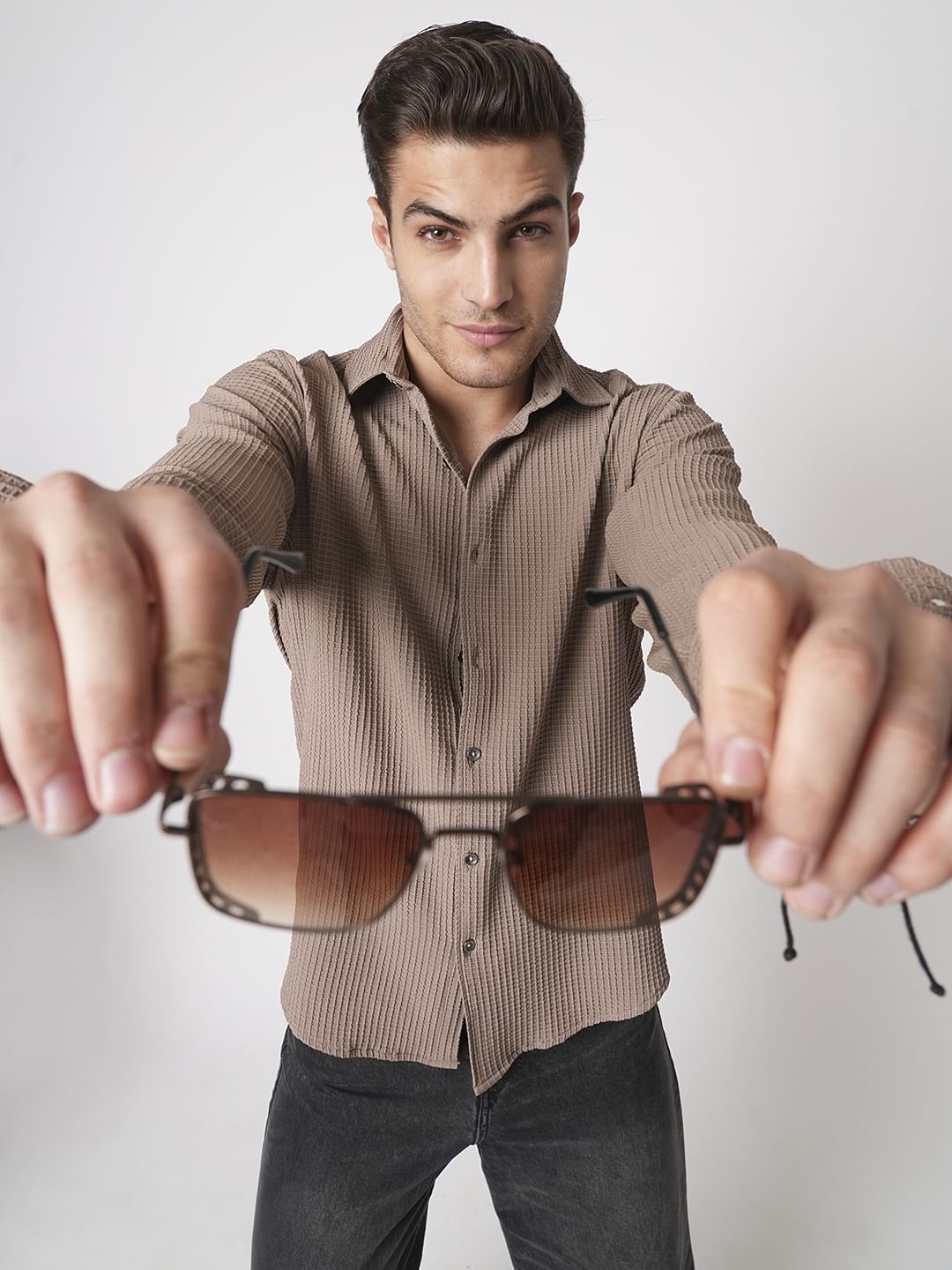 Saddle Brown Mini Checks Textured Shirt